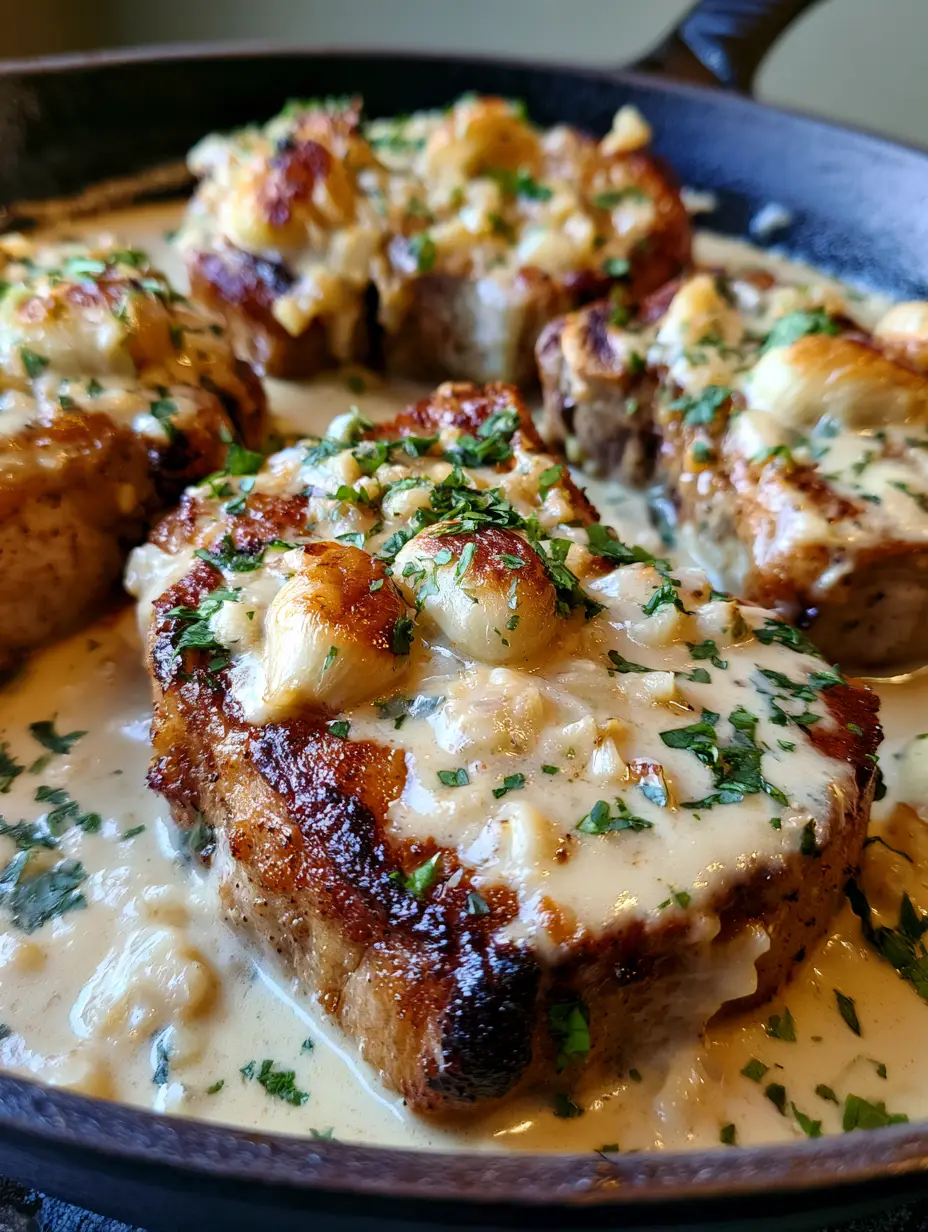 Creamy Garlic Pork Chops: The Ultimate Skillet Comfort Food 3 Top down view of thick pork chops with a caramelized crust and ivory sauce. (Creamy Garlic Pork Chops)