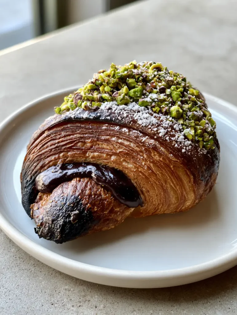 A handheld photo of a golden-brown Pistachio Chocolate Croissant on a white ceramic plate against a stone surface.