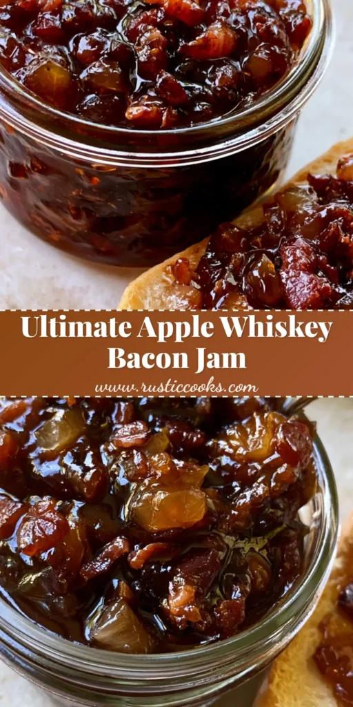 A clear glass jar filled with chunky Apple Whiskey Bacon Jam featuring deep mahogany syrup and visible apple cubes, served with a silver spoon and toasted baguette.