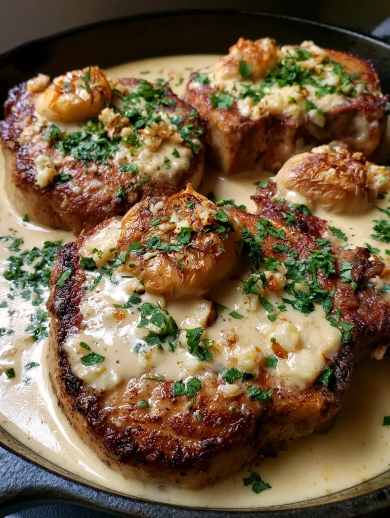 Creamy Garlic Pork Chops: The Ultimate Skillet Comfort Food 1 Close up of whole roasted garlic cloves and ivory sauce on a seared pork chop.
