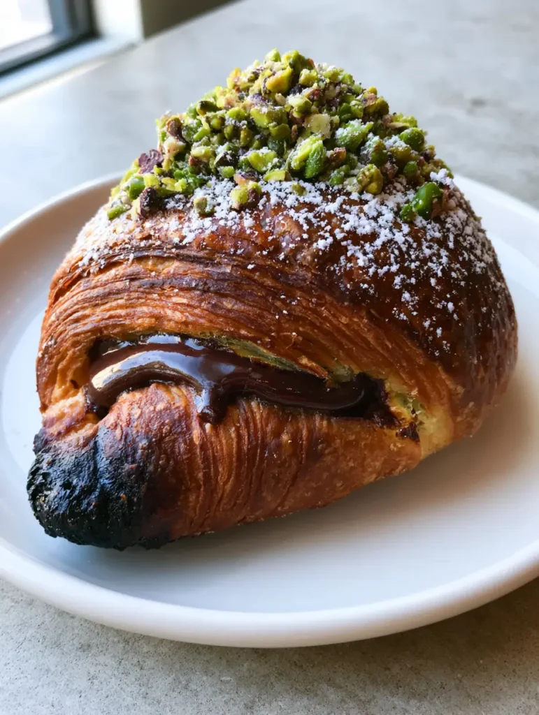 Side view of a Pistachio Chocolate Croissant showing the flaky pastry and vibrant green pistachio garnish.
