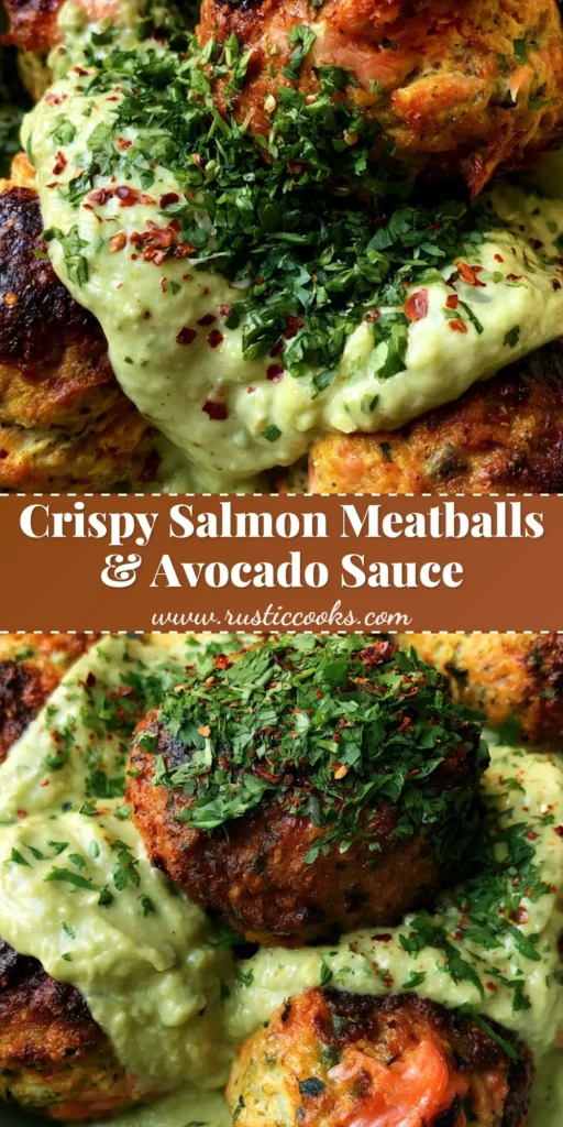 A close-up of golden-brown Baked Salmon Meatballs in a shallow white bowl topped with avocado crema and cilantro.