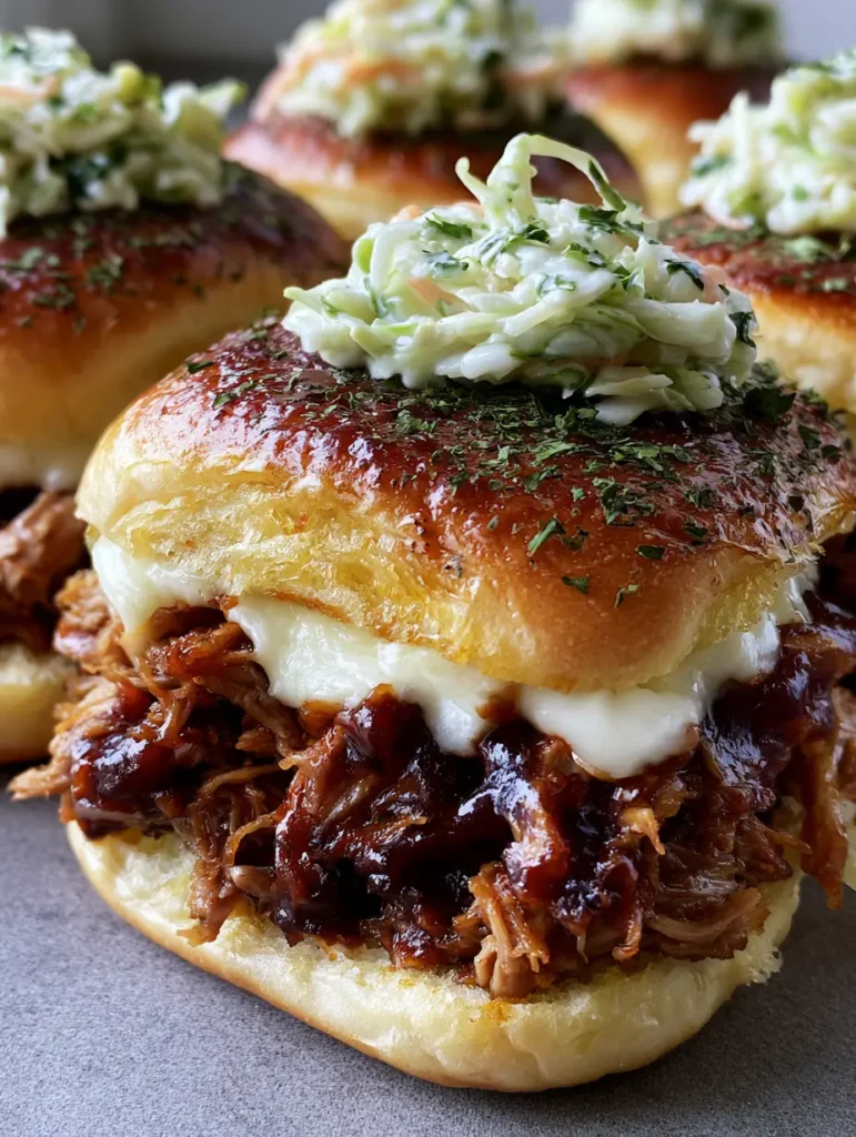 A platter of Hawaiian roll Pulled Pork Sliders glistening with herb butter and topped with carrot and cabbage slaw.