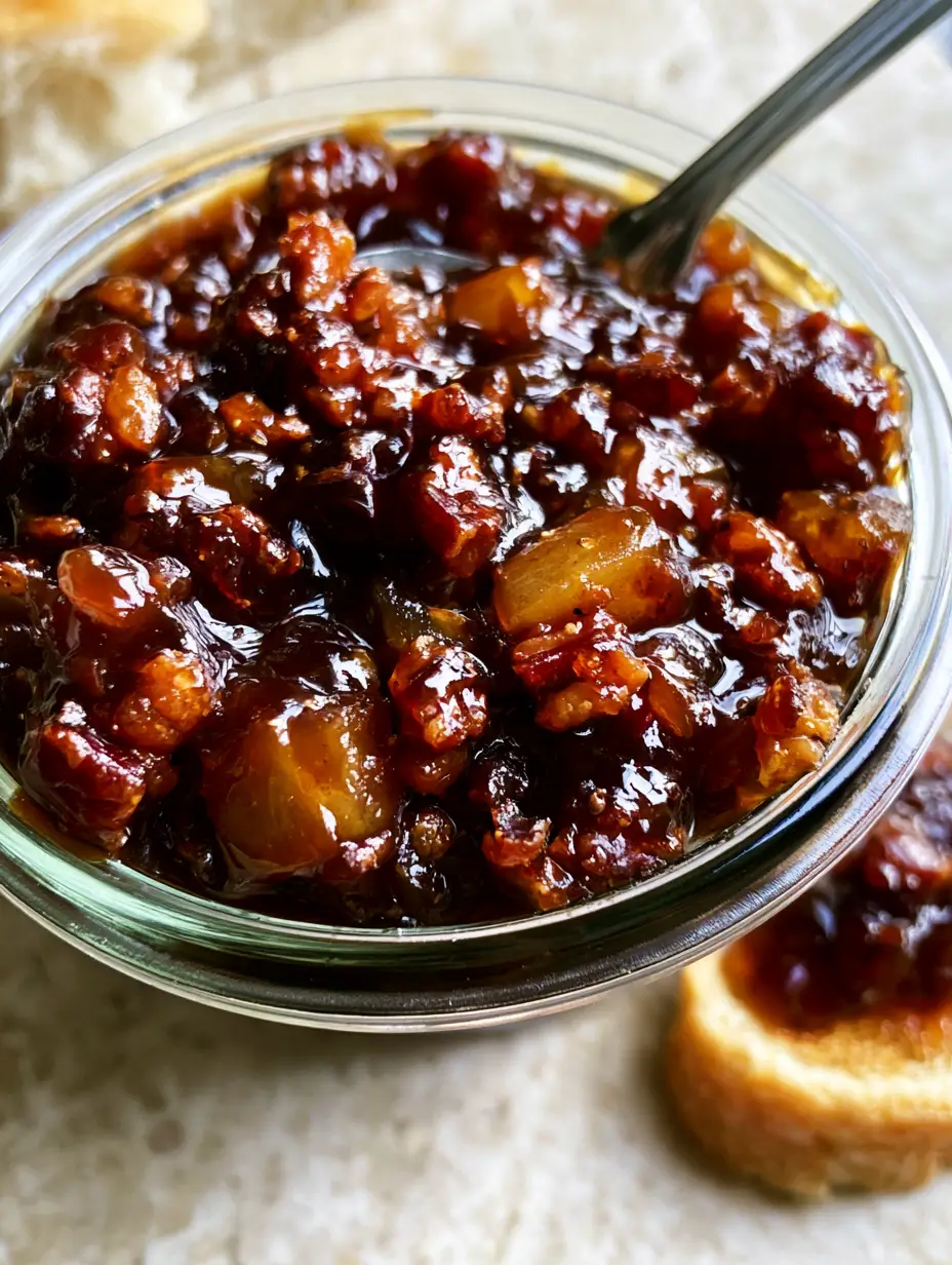 Close-up of Apple Whiskey Bacon Jam on a silver spoon, showing the glossy whiskey glaze and crispy bacon bits.