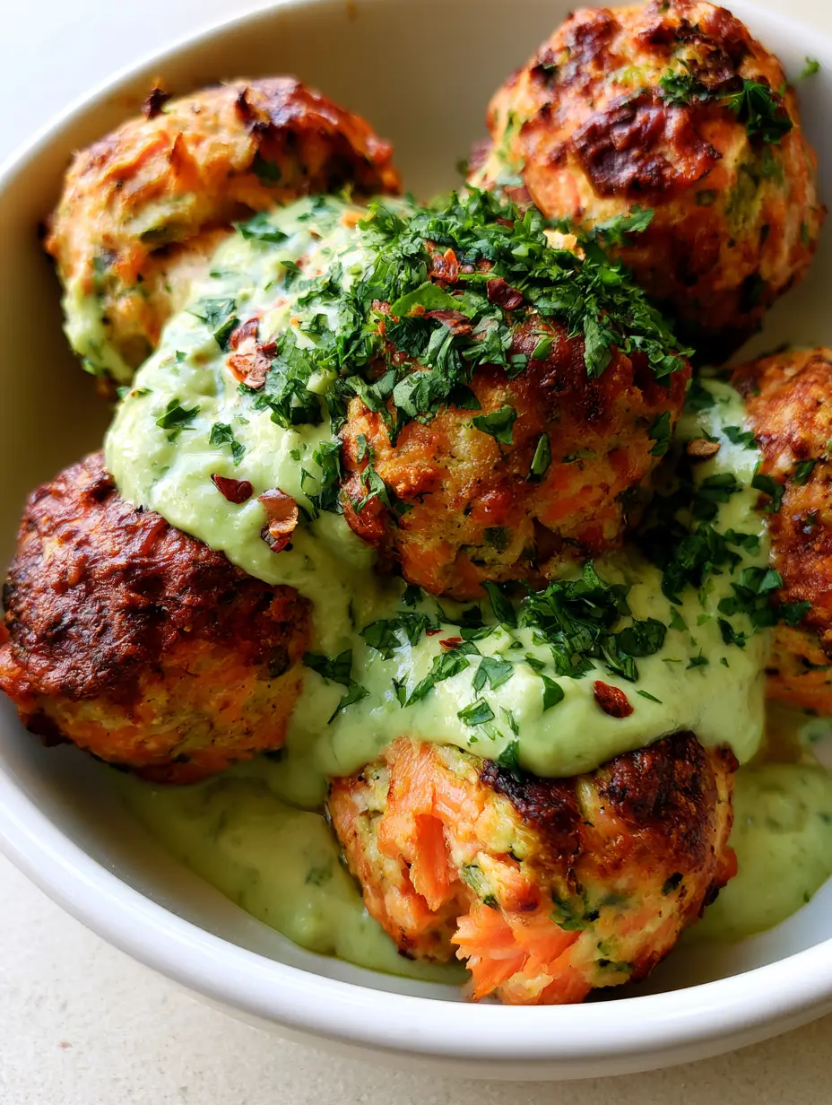 Top-down view of charred Baked Salmon Meatballs with visible pink flakes and green herbs in a white ceramic bowl.