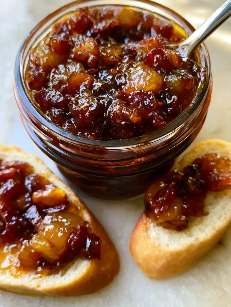 A single toasted baguette slice topped with thick, chunky Apple Whiskey Bacon Jam next to a clear glass jar.