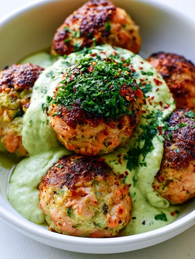 A close-up shot showing the thick, smooth avocado crema dolloped over crispy salmon meatballs garnished with red chili flakes.