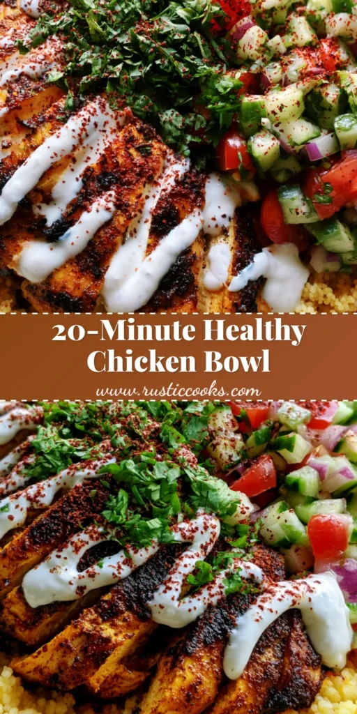 Moroccan Chicken Couscous Bowl: The Ultimate Spiced Mediterranean Power Meal 4 A top-down view of a Moroccan Chicken Couscous Bowl with sliced charred chicken, golden couscous, and a white yogurt drizzle.
