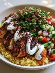 A shallow white ceramic bowl containing a deconstructed Moroccan Chicken Couscous Bowl with golden couscous and charred chicken.