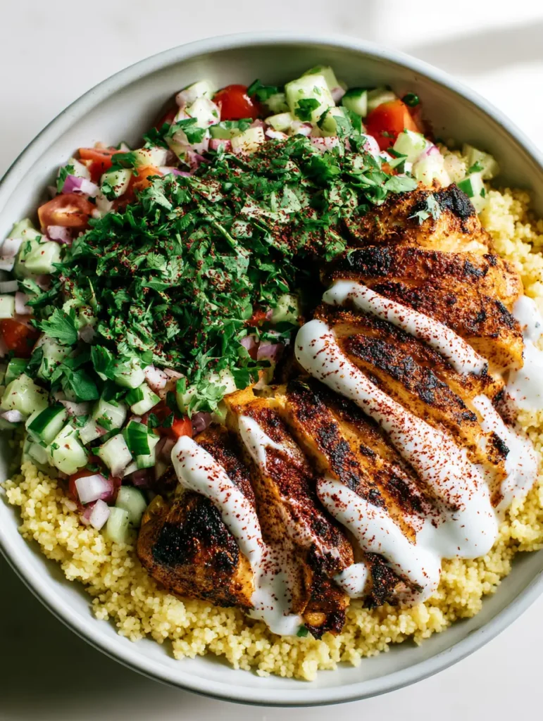 Moroccan Chicken Couscous Bowl: The Ultimate Spiced Mediterranean Power Meal 1 Close up of the charred spice crust on the chicken breast slices in a Moroccan Chicken Couscous Bowl.