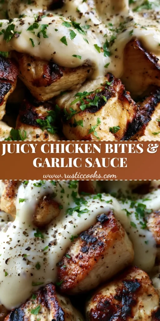 Grilled Chicken Bites with Creamy Garlic Sauce: The Ultimate Flavor-Packed Dinner 4 A neutral-toned bowl filled with charred Grilled Chicken Bites with Creamy Garlic Sauce, garnished with parsley and cracked pepper.