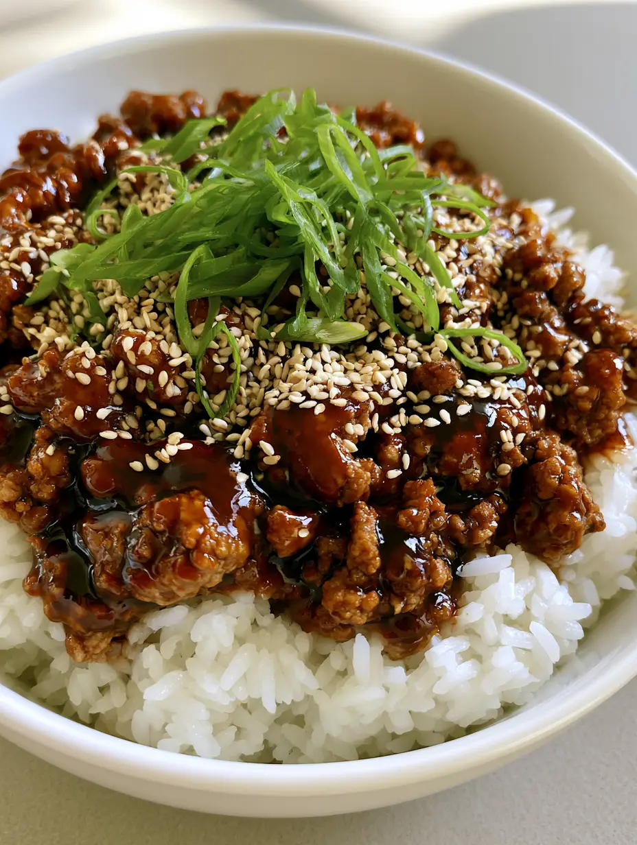 Honey Garlic Ground Turkey: A Sticky, 20-Minute Weeknight Masterpiece 3 A close-up of a white ceramic bowl containing browned ground turkey coated in a thick dark amber honey garlic sauce with green scallions. (Honey Garlic Ground Turkey)