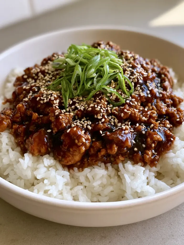 Honey Garlic Ground Turkey: A Sticky, 20-Minute Weeknight Masterpiece 1 High angle shot of a Honey Garlic Ground Turkey bowl with toasted sesame seeds and sliced green scallions on a neutral surface.