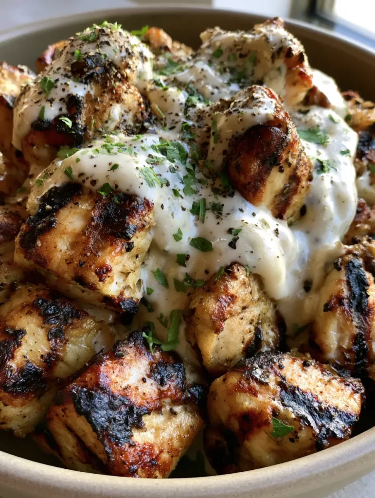 Grilled Chicken Bites with Creamy Garlic Sauce: The Ultimate Flavor-Packed Dinner 2 Close-up of seared chicken pieces with dark grill marks and a thick white garlic sauce drizzle. (Grilled Chicken Bites with Creamy Garlic Sauce)