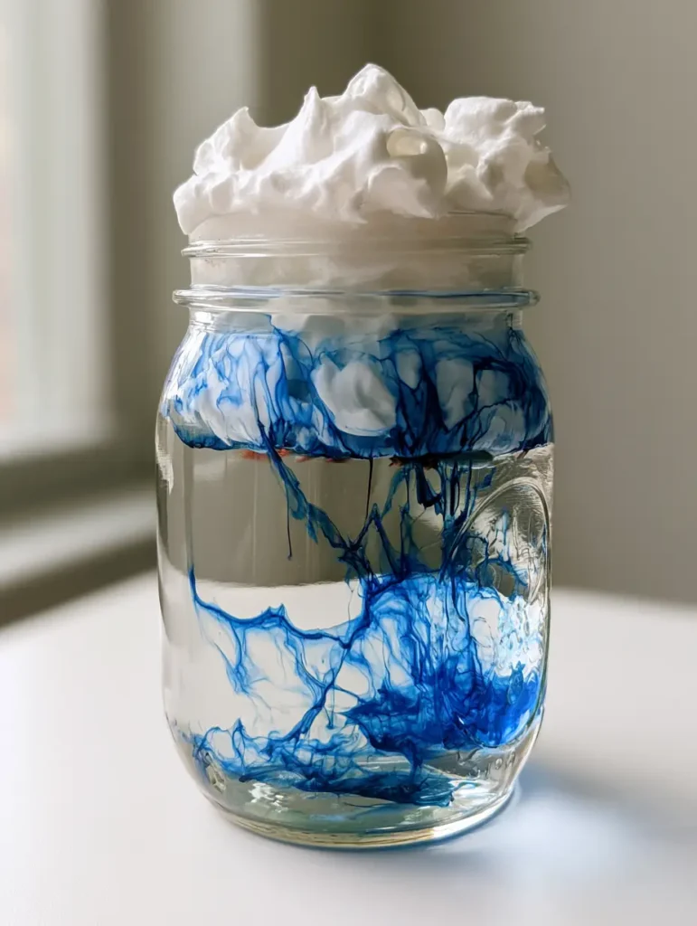 A side view of the Lightning in a Jar Experiment showing the billowing white foam and swirling blue plumes in natural daylight.