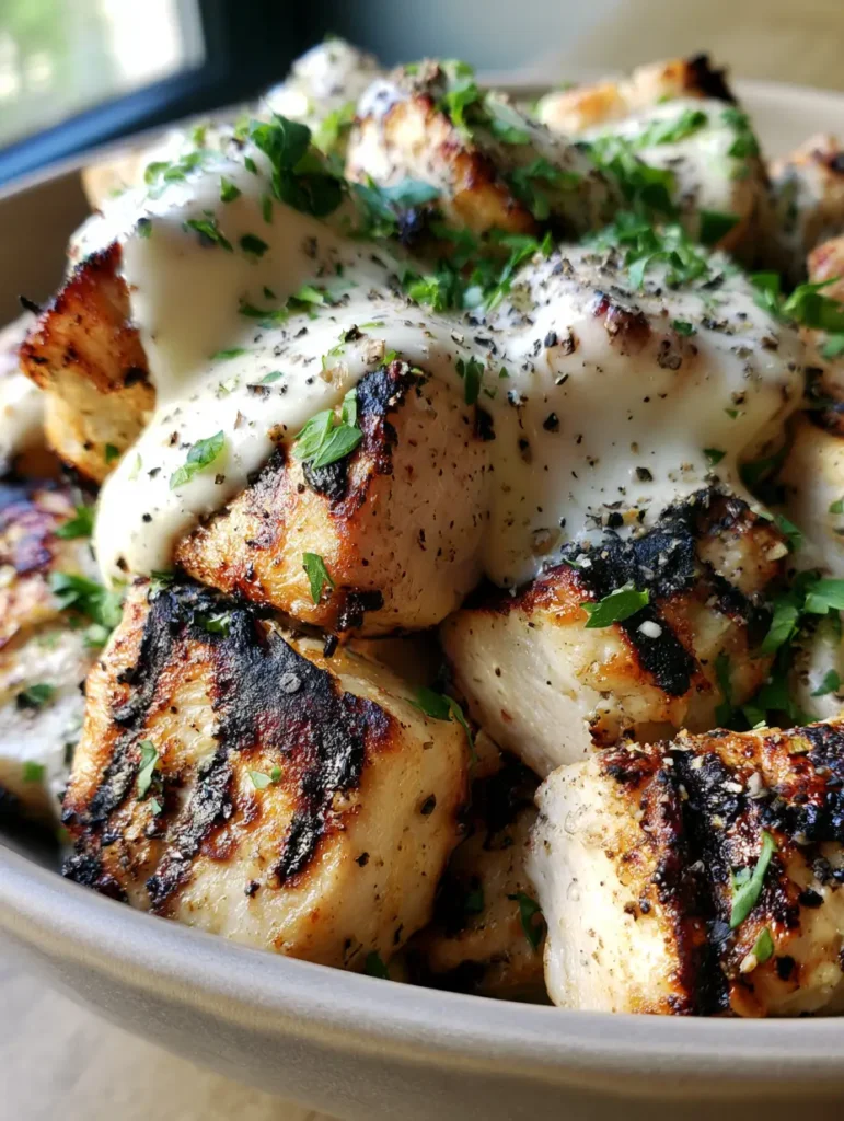 Grilled Chicken Bites with Creamy Garlic Sauce: The Ultimate Flavor-Packed Dinner 1 A side view of the creamy garlic sauce being drizzled over grilled chicken bites in a ceramic bowl.