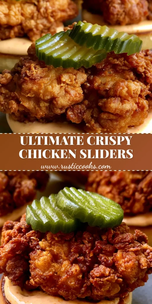 Fried Chicken Sliders with Spicy Mayo and Ridged Dill Pickles 4 A stack of three Fried Chicken Sliders with deep-golden craggy breading, spicy mayo, and green ridged pickles on toasted brioche buns.