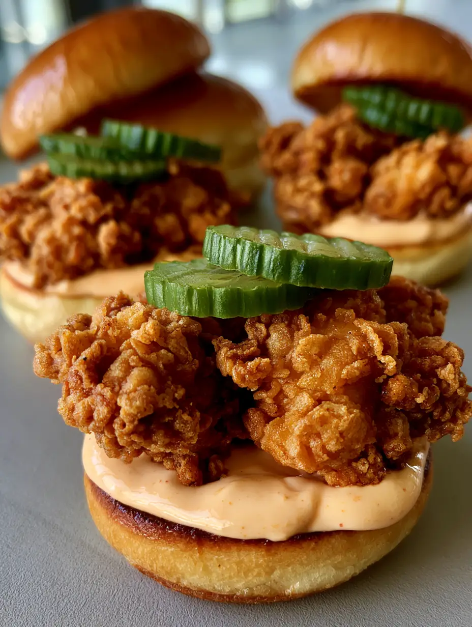 Fried Chicken Sliders with Spicy Mayo and Ridged Dill Pickles 3 Close-up of three crispy Fried Chicken Sliders with visible breading texture and glossy toasted buns on a grey surface.