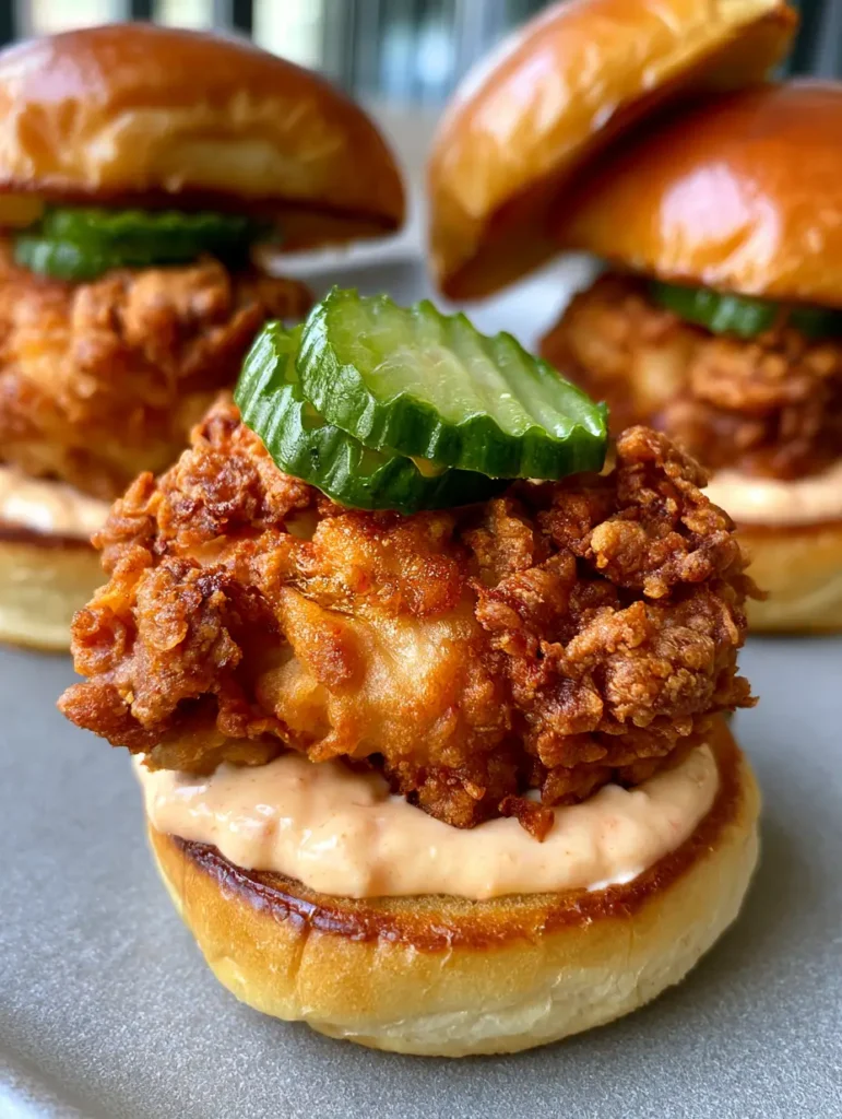 Fried Chicken Sliders with Spicy Mayo and Ridged Dill Pickles 1 Handheld smartphone style shot of Fried Chicken Sliders with pale orange sauce and ridged pickles.