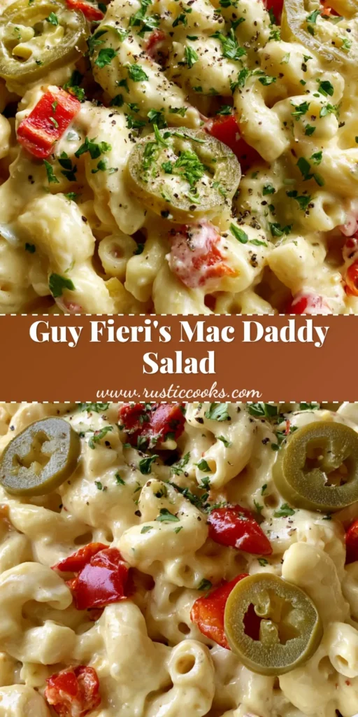 A close-up vertical shot of Guy Fieri Macaroni Salad in a white bowl with visible red peppadews and green pepperoncini.