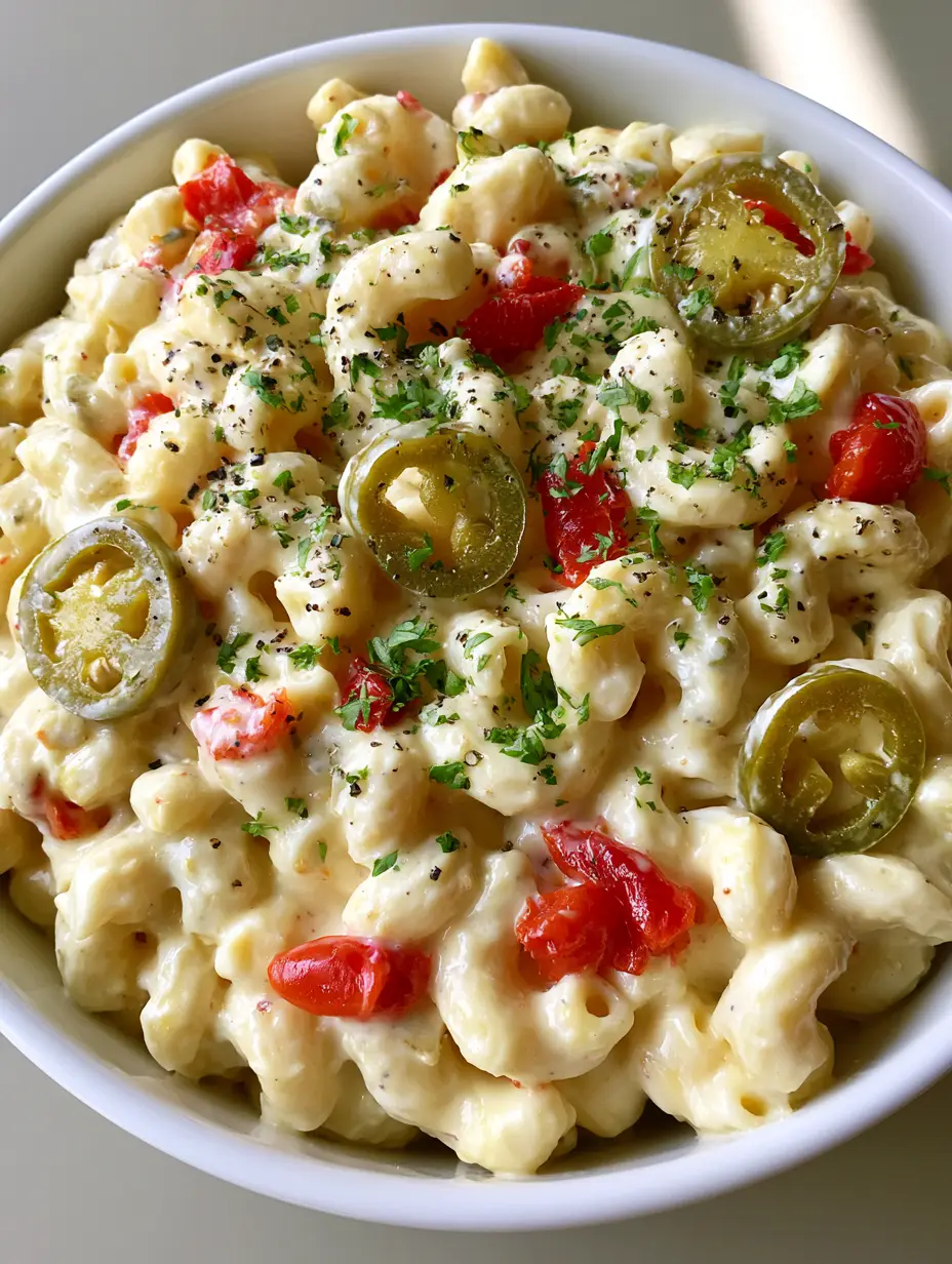 A handheld smartphone photo of a white ceramic bowl overflowing with glossy, pale yellow Guy Fieri Macaroni Salad.