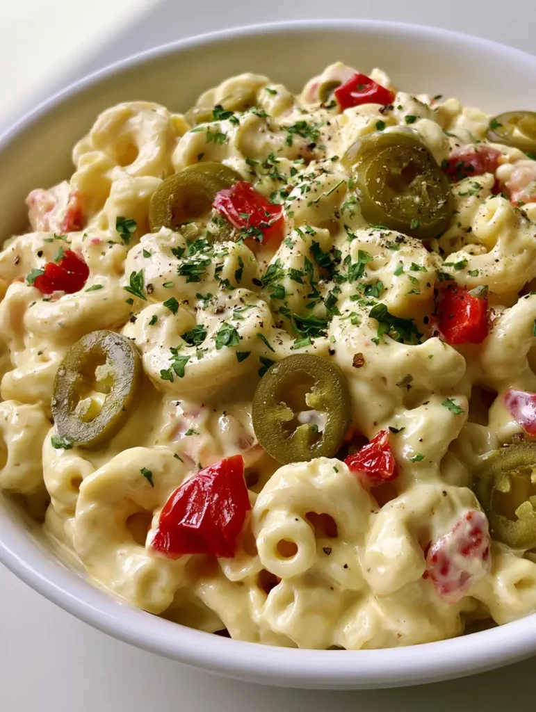 Top-down view of the Guy Fieri Macaroni Salad showing the coarse black pepper and fresh parsley garnish.
