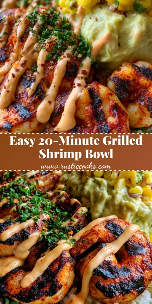 A vibrant Grilled Shrimp Bowl featuring charred jumbo shrimp, creamy avocado mash, and yellow corn salsa in a white ceramic bowl.