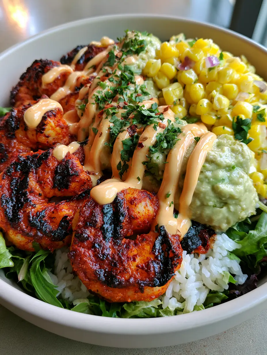 A smartphone photo of a Grilled Shrimp Bowl with fluffy white rice, mixed greens, and a pale-orange crema drizzle.