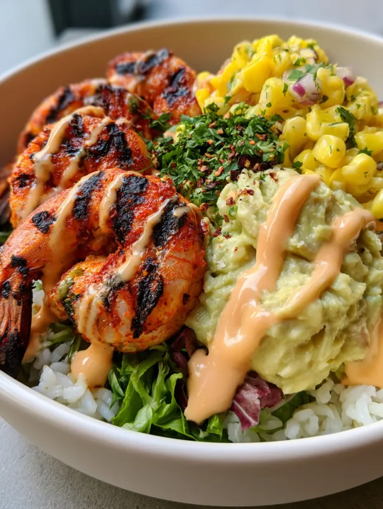 Close up of charred shrimp with reddish-orange spice rub and creamy avocado mash in a Grilled Shrimp Bowl.
