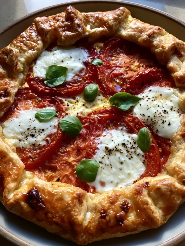 Caprese Galette: The Ultimate Rustic Savory Tomato and Mozzarella Tart 2 Overhead shot of a savory Caprese Galette showing thick roasted tomato slices and pools of melted fresh mozzarella.