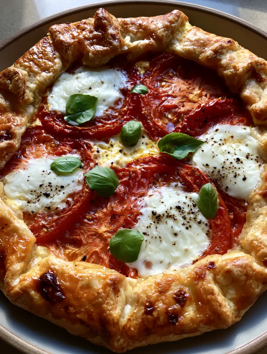 Caprese Galette: The Ultimate Rustic Savory Tomato and Mozzarella Tart 4 Overhead shot of a savory Caprese Galette showing thick roasted tomato slices and pools of melted fresh mozzarella.