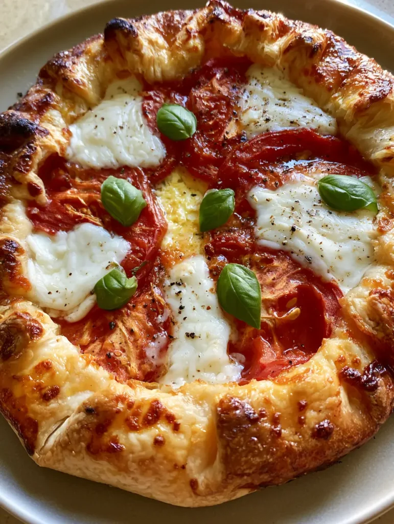Caprese Galette: The Ultimate Rustic Savory Tomato and Mozzarella Tart 1 Close up of the pleated golden-brown flaky pastry crust on a Caprese Galette with glossy egg wash finish.