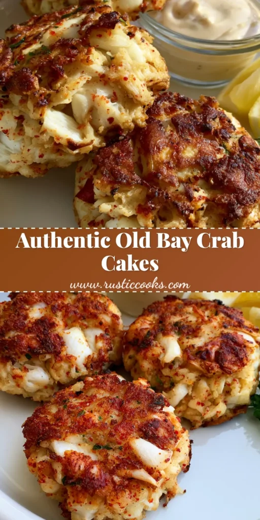 Three thick circular Old Bay Crab Cakes on a white plate with lemon wedges and tartar sauce on a stone surface.