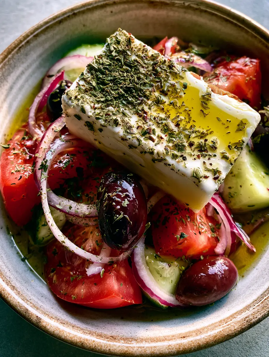 Authentic Greek Salad: The Ultimate Traditional Horiatiki Recipe 3 Close up of an Authentic Greek Salad with juicy tomato wedges, thick cucumber slices, and thin red onion rings in a ceramic bowl.