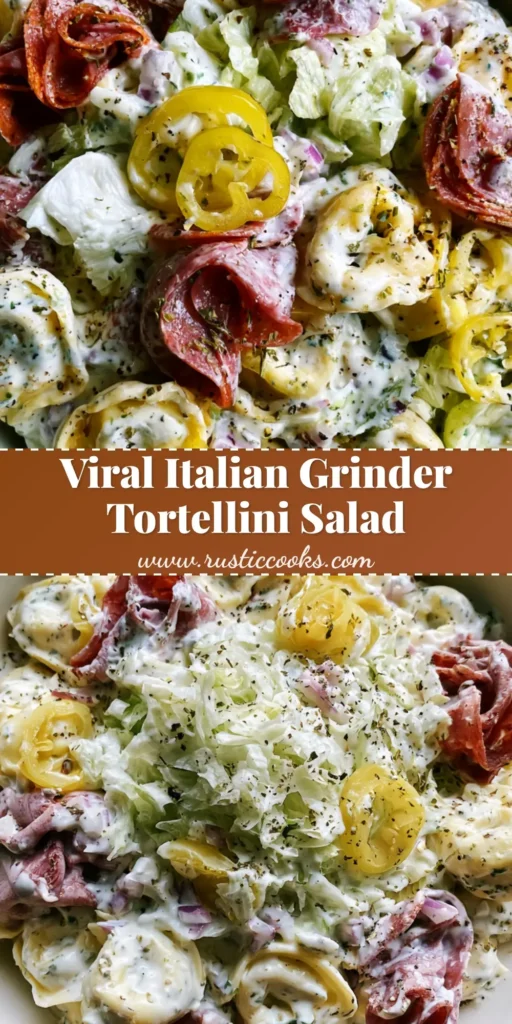 Italian Grinder Tortellini Salad: The Ultimate Viral Creamy Pasta Mashup 4 A large white bowl filled with Italian Grinder Tortellini Salad, featuring plump cheese tortellini, folded ribbons of salami, and bright yellow banana peppers in a creamy dressing.