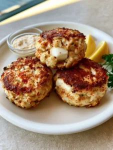 Close up shot of Old Bay Crab Cakes showing large chunks of white crab meat and red seasoning flecks.