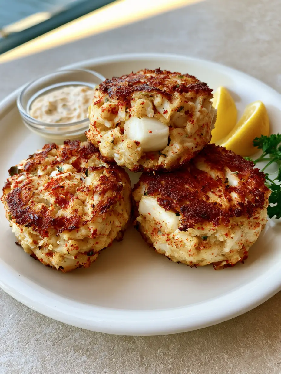 Close up shot of Old Bay Crab Cakes showing large chunks of white crab meat and red seasoning flecks.