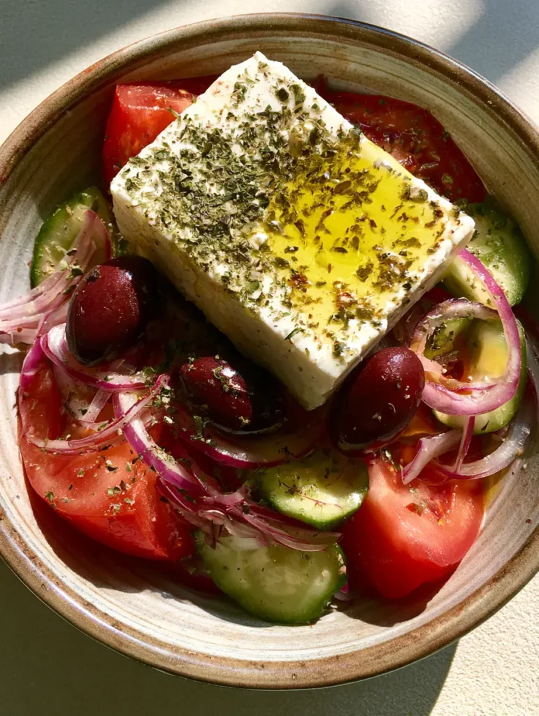 Authentic Greek Salad: The Ultimate Traditional Horiatiki Recipe 1 Overhead view of an Authentic Greek Salad showing the dusting of oregano and the golden drizzle of extra virgin olive oil over the feta.