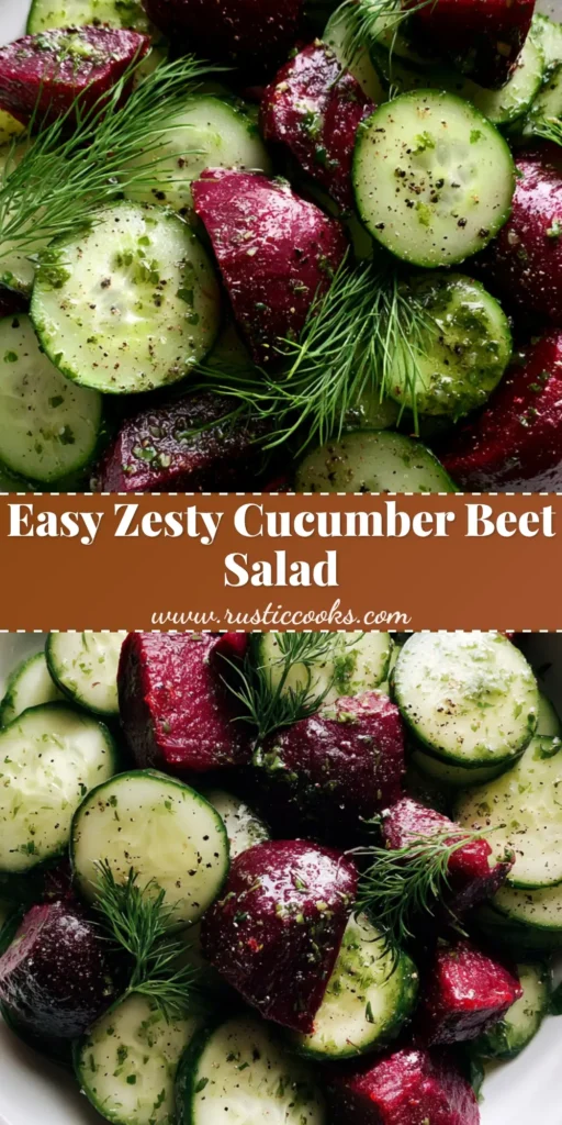 Cucumber Beetroot Salad with Roasted Beets and Zesty Herb Dressing 4 A simple white bowl filled with thin green cucumber slices and large purple-red roasted beet chunks, garnished with fresh dill sprigs. (Cucumber Beetroot Salad)