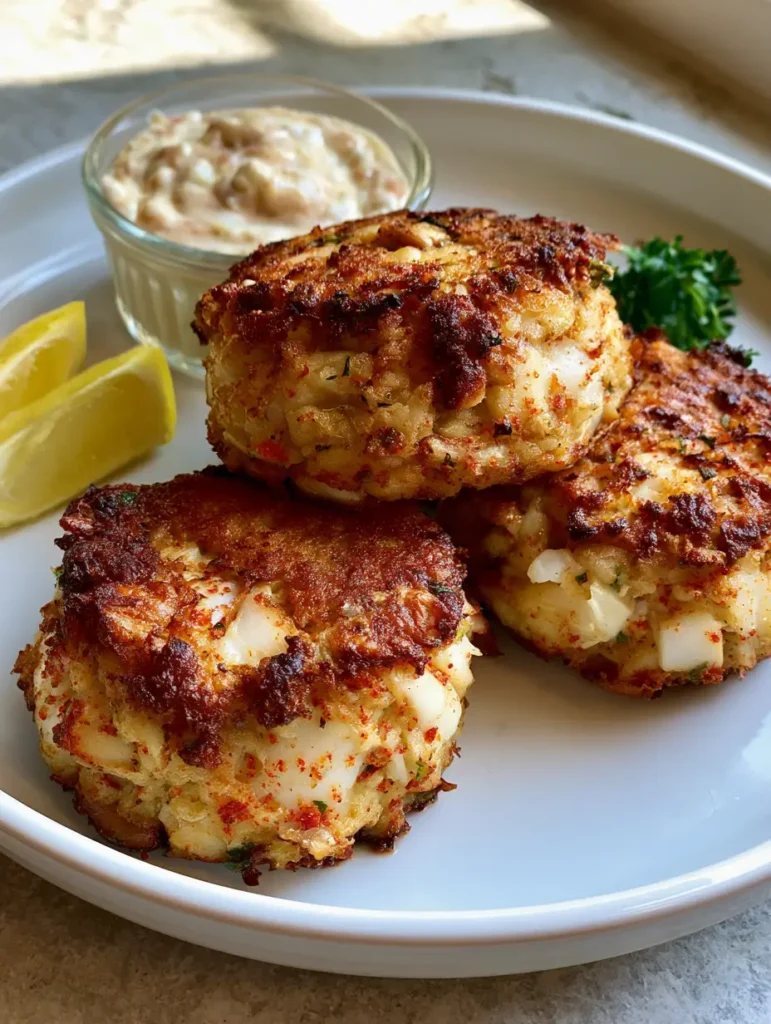 Golden brown seared Old Bay Crab Cakes arranged on a plate with tartar sauce and lemon.