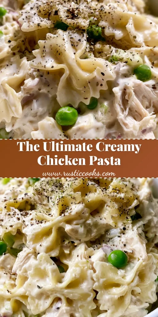 A close-up vertical shot of a white bowl filled with creamy chicken pasta salad, showing bowtie pasta, green peas, and black pepper. (Creamy Chicken Pasta Salad)