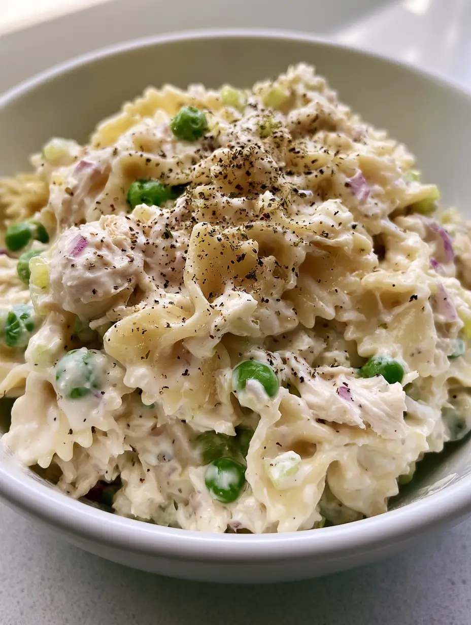 Handheld smartphone photo of Creamy Chicken Pasta Salad in a white bowl with visible green peas and shredded chicken. (Creamy Chicken Pasta Salad)