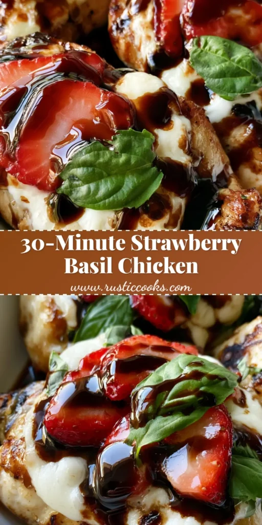 A close-up of Strawberry Basil Balsamic Chicken with melted mozzarella and fresh berries in a white dish.