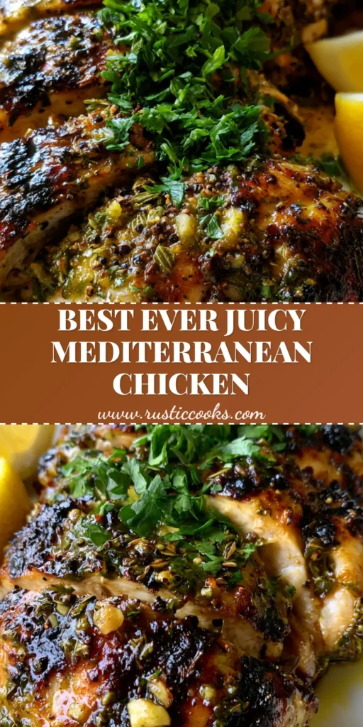 Mediterranean Chicken Marinade for Juicy Grilled Poultry 4 A Pinterest-style vertical graphic showing sliced grilled chicken with dark char marks and fresh parsley. (Mediterranean Chicken Marinade)