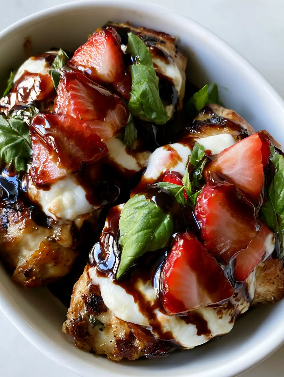 Top-down view of seared golden-brown chicken breasts topped with bubbly mozzarella and strawberries. (Strawberry Basil Balsamic Chicken)