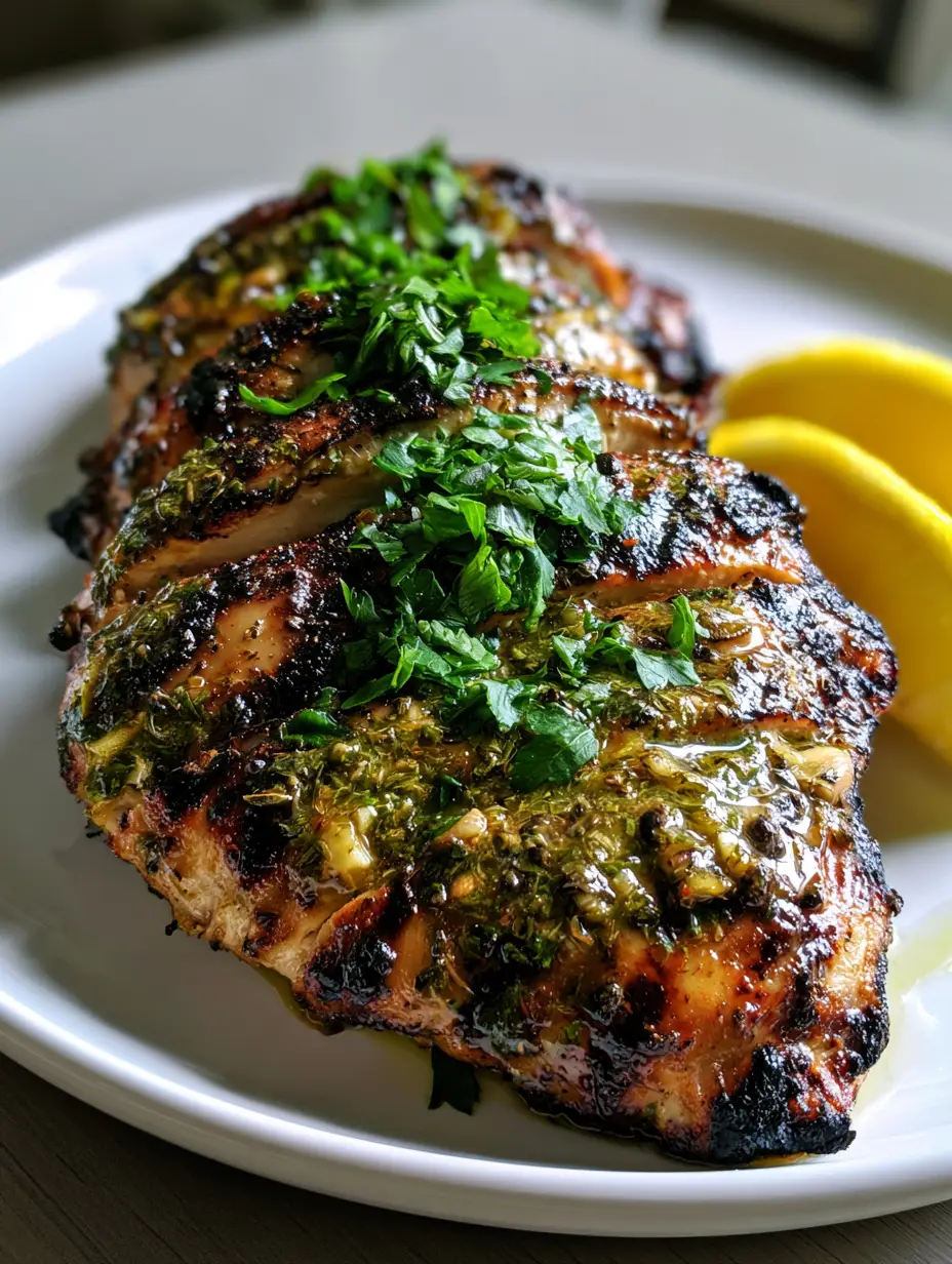 Mediterranean Chicken Marinade for Juicy Grilled Poultry 3 A handheld smartphone photo of sliced grilled chicken breast on a white plate with lemon wedges and visible herb marinade. (Mediterranean Chicken Marinade)