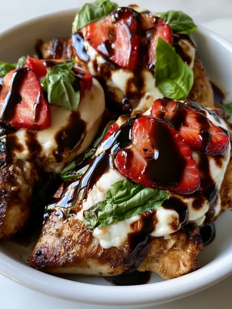 Detail shot of thick balsamic glaze drizzled over strawberries and basil on chicken. (Strawberry Basil Balsamic Chicken)
