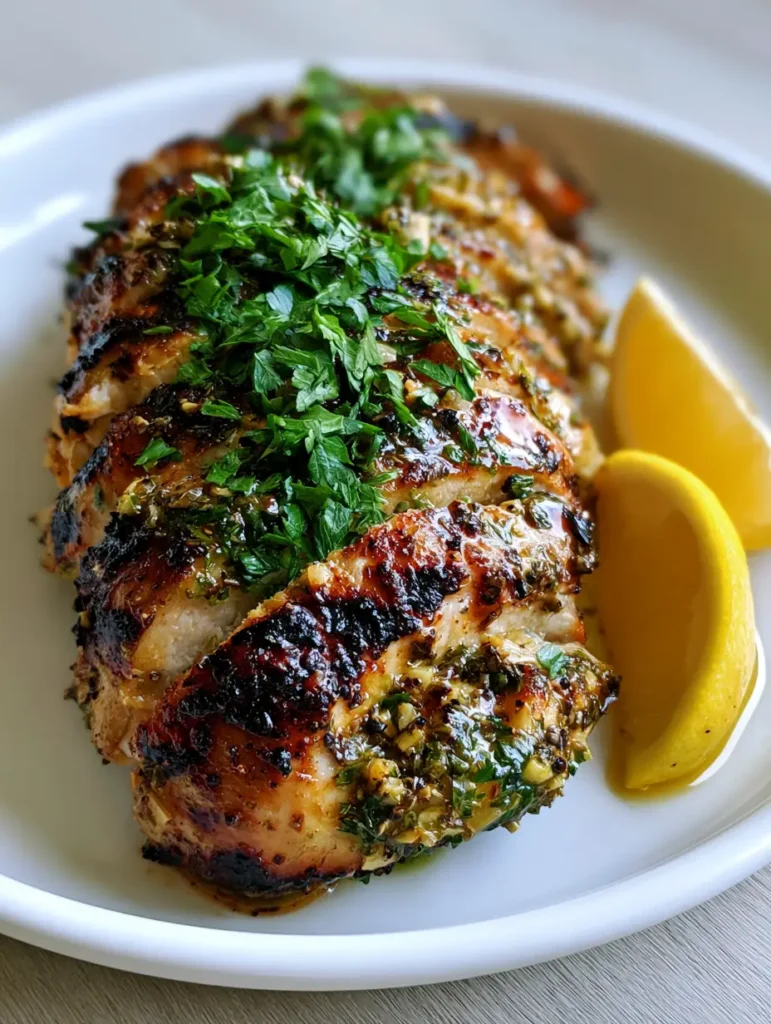 Mediterranean Chicken Marinade for Juicy Grilled Poultry 1 Close-up of caramelized char marks on chicken breast coated in a green and gold herb marinade.