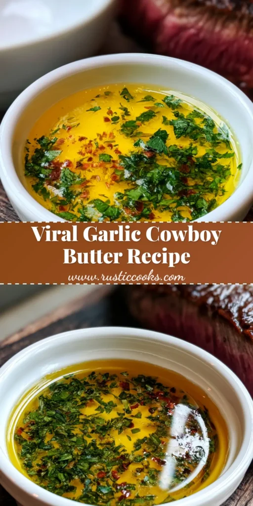 A Pinterest-style vertical photo showing a white ramekin of melted golden Cowboy Butter beside sliced seared ribeye steak on a wooden board. (Cowboy Butter Recipe)