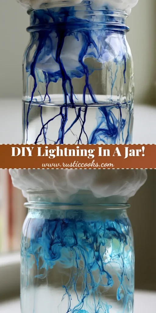 A clear glass mason jar showcasing the Lightning in a Jar Experiment with blue dye streaks descending from a white shaving cream cloud on a white wooden surface.